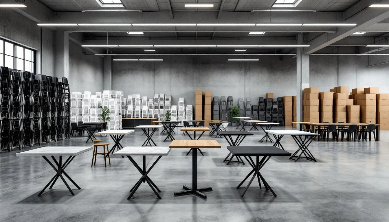 Depósito de muebles comerciales Good Deal — mesas y sillas apiladas